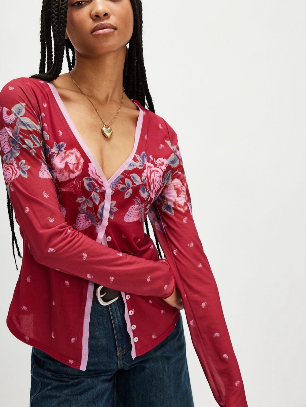 Free People Floral Button-Down V-Neck Top